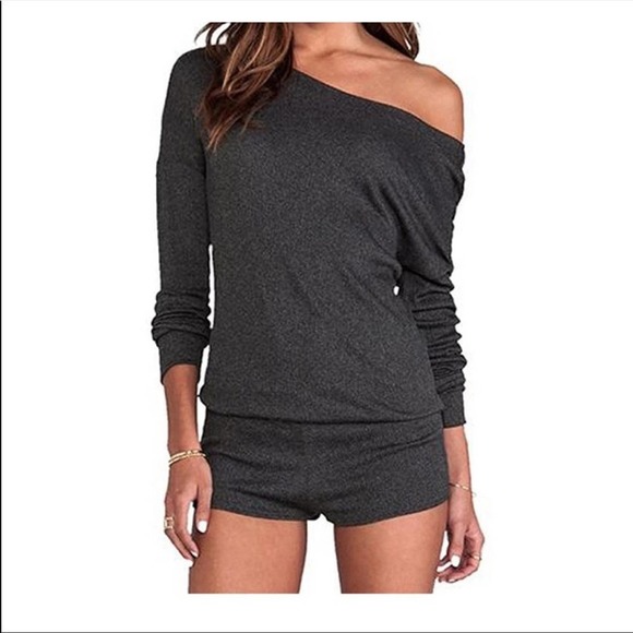 Pants - Gray Long Sleeve Single Shoulder Romper Jumper